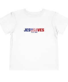 Toddler Tee — "Jesus Saves" Patriotic Christian Shirt (Red & Blue)
