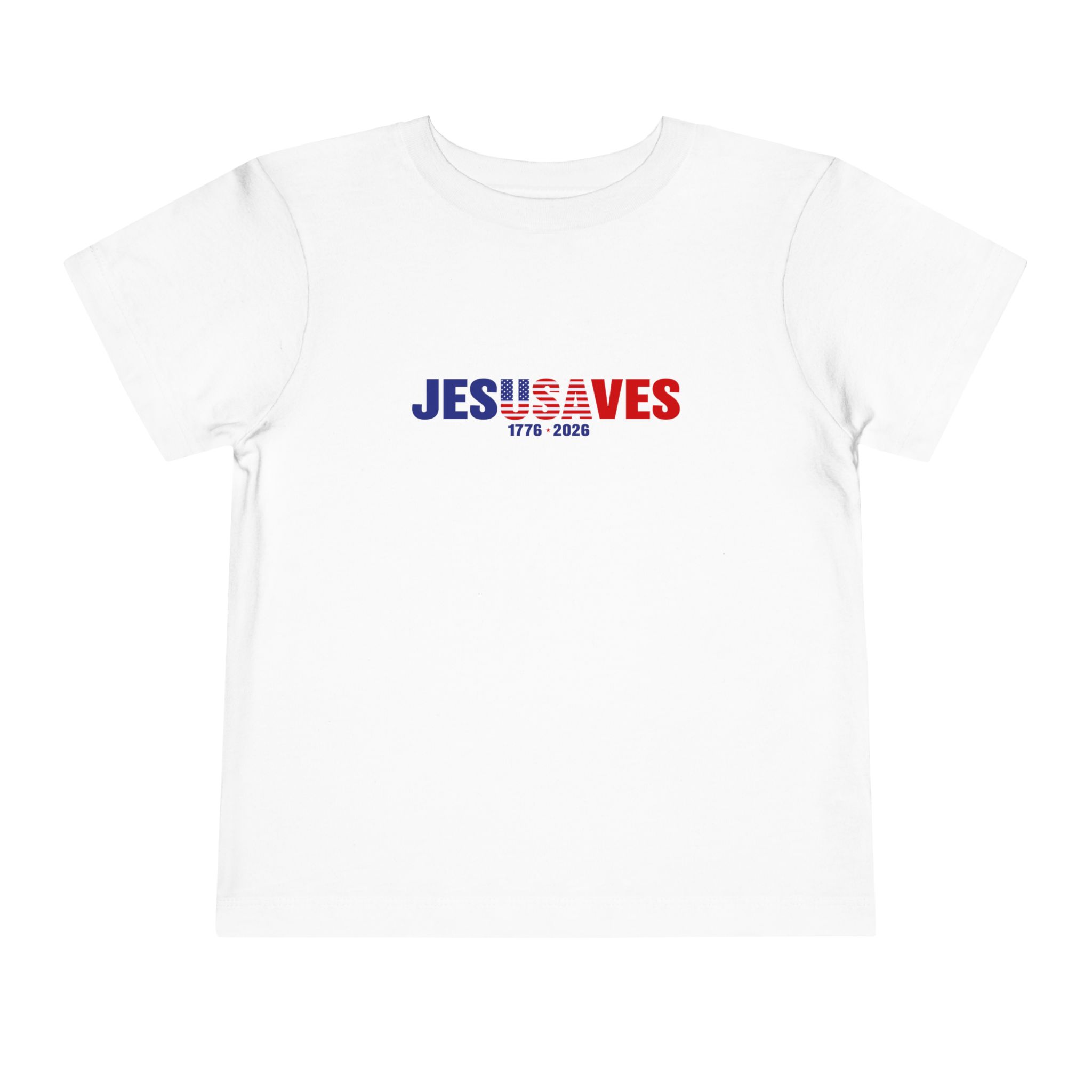 Toddler Tee — "Jesus Saves" Patriotic Christian Shirt (Red & Blue)